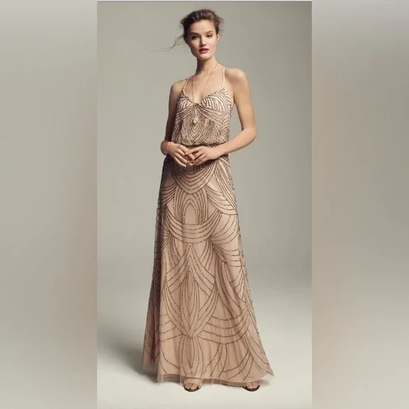 Adrianna Papell Beaded Mesh Blouson Dress Sz 6 Taupe pink formal maxi Gown - Picture 2 of 8